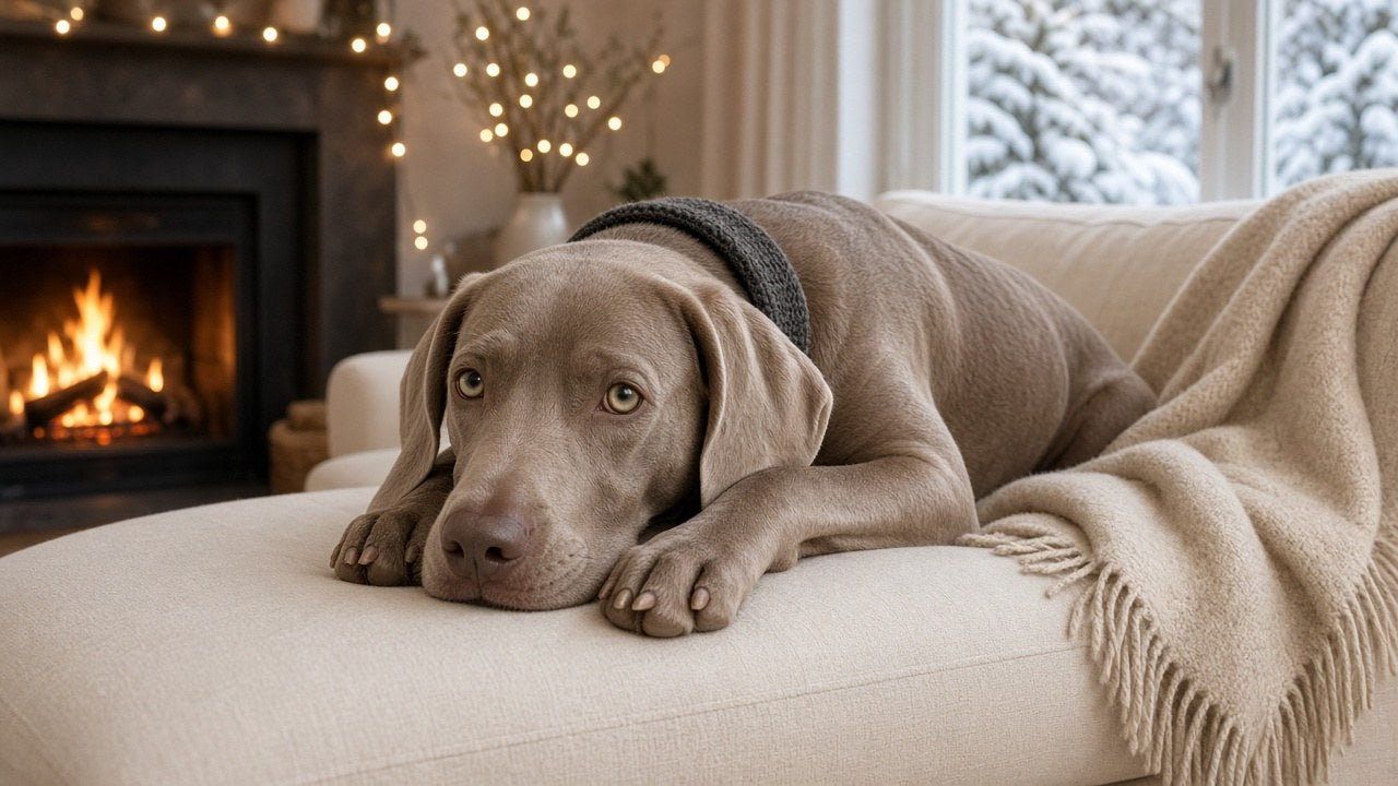Female Weimaraner cozy by a winter fireplace