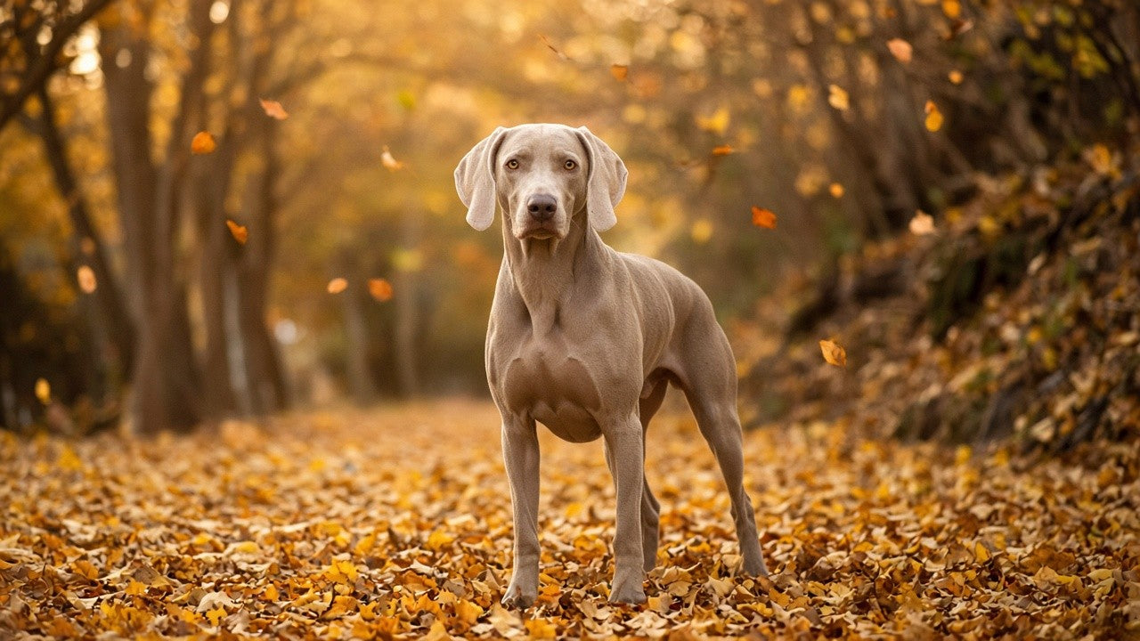 Male Weimaraner on a leaf-covered autumn park path