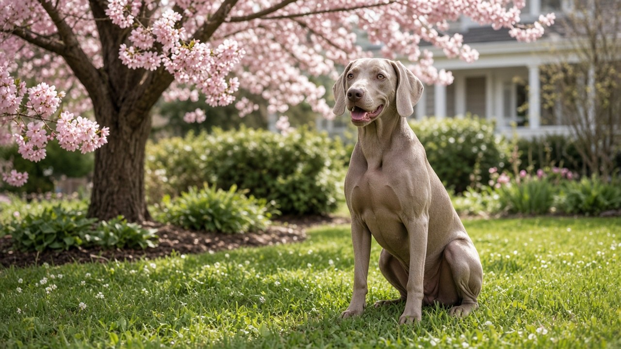 Female Weimaraner under spring cherry blossoms